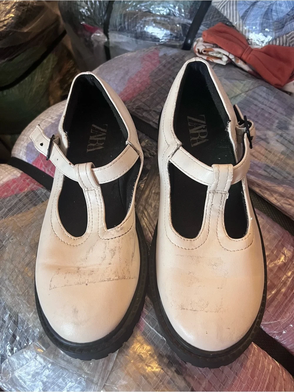 Zara Cream T-Strap Loafers with Black Soles